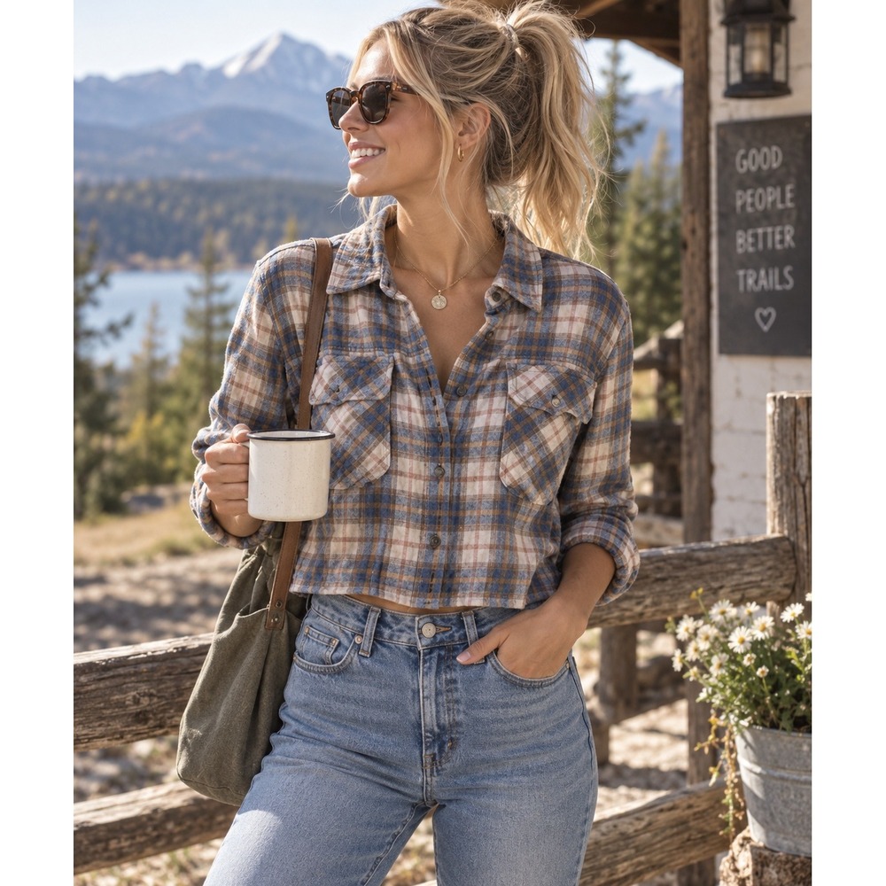 Democracy Womens Blue Tan Plaid Button Down Shirt Cropped Boxy Flannel Style L